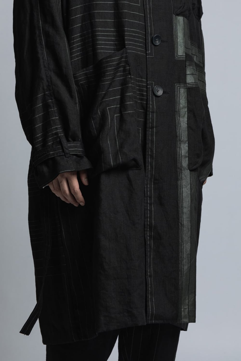 Square Print Linen Coat Black Stripe