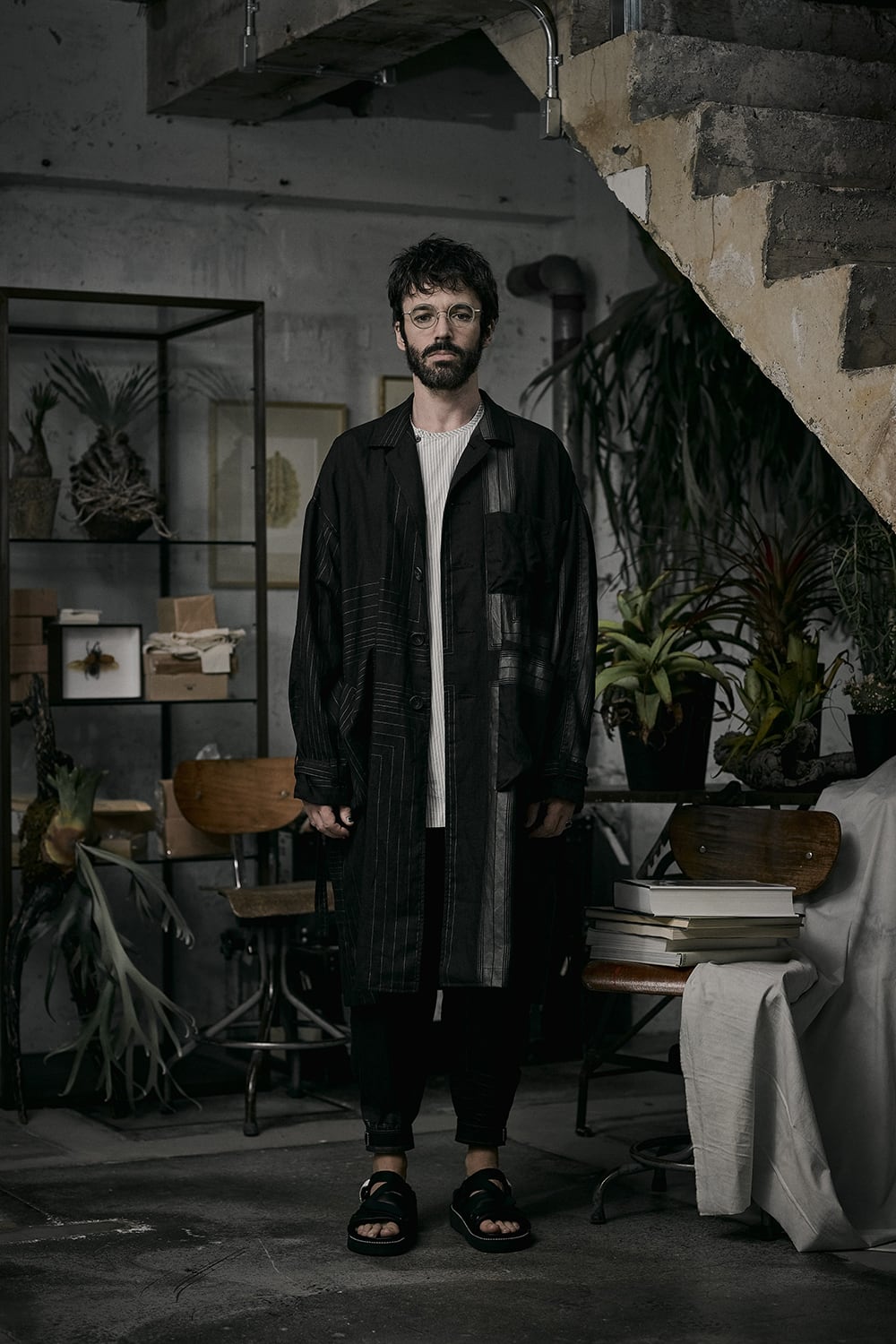 Square Print Linen Coat Black Stripe