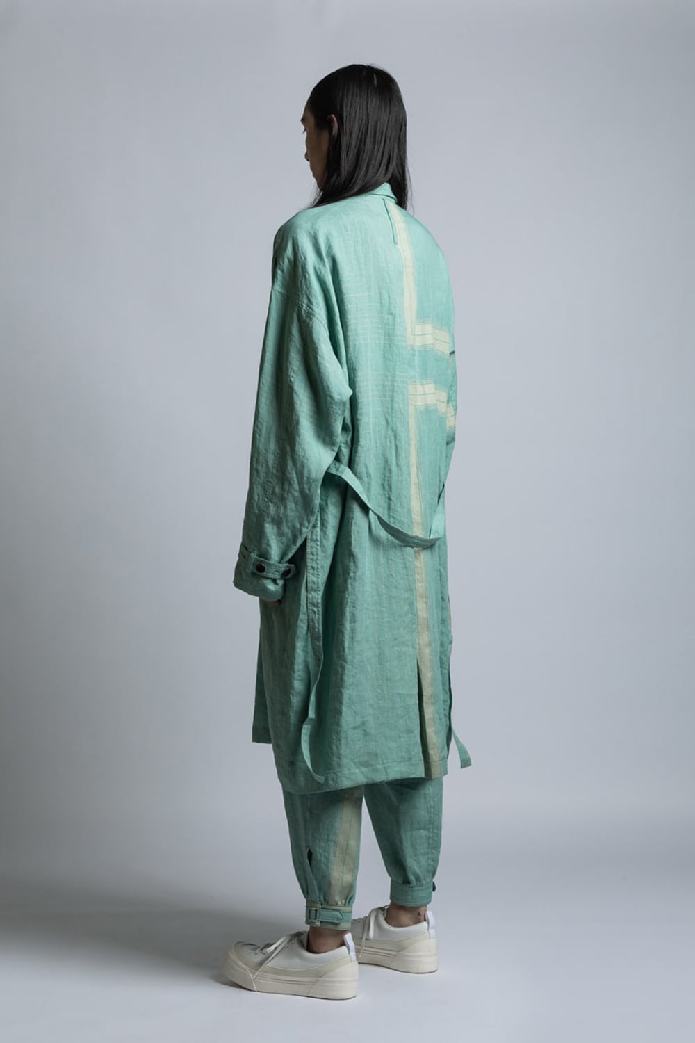 Square Print Linen Coat Mint Green Stripe