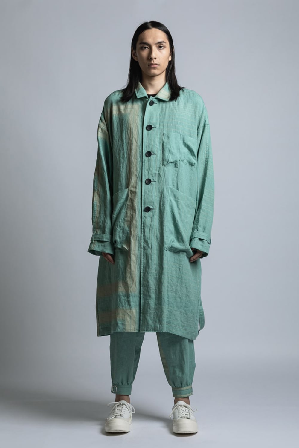 Square Print Linen Coat Mint Green Stripe