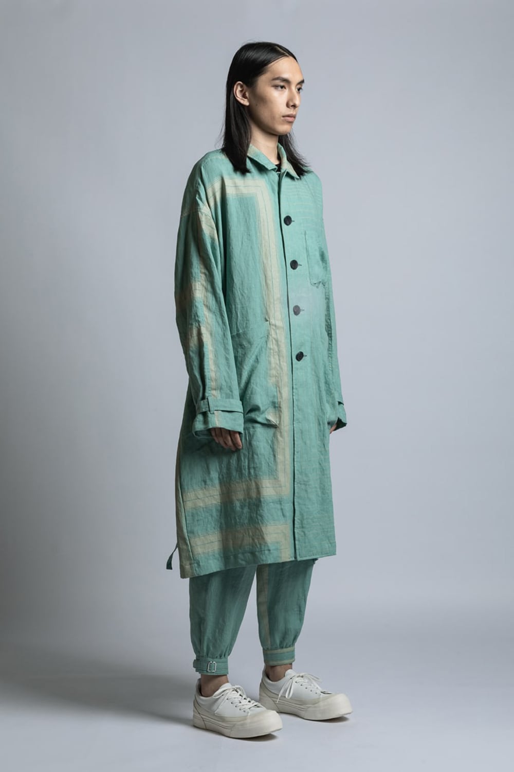 Square Print Linen Coat Mint Green Stripe