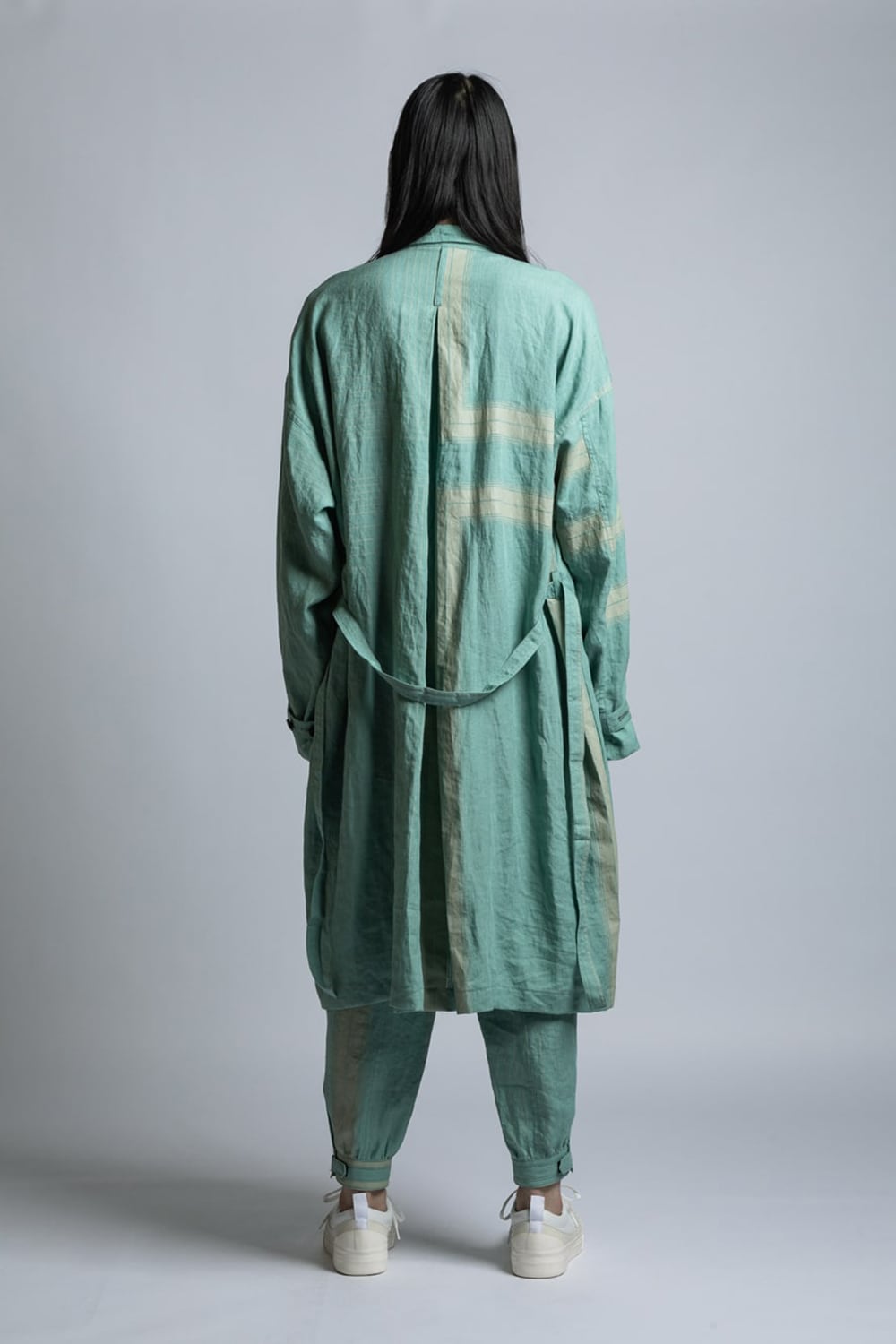 Square Print Linen Coat Mint Green Stripe