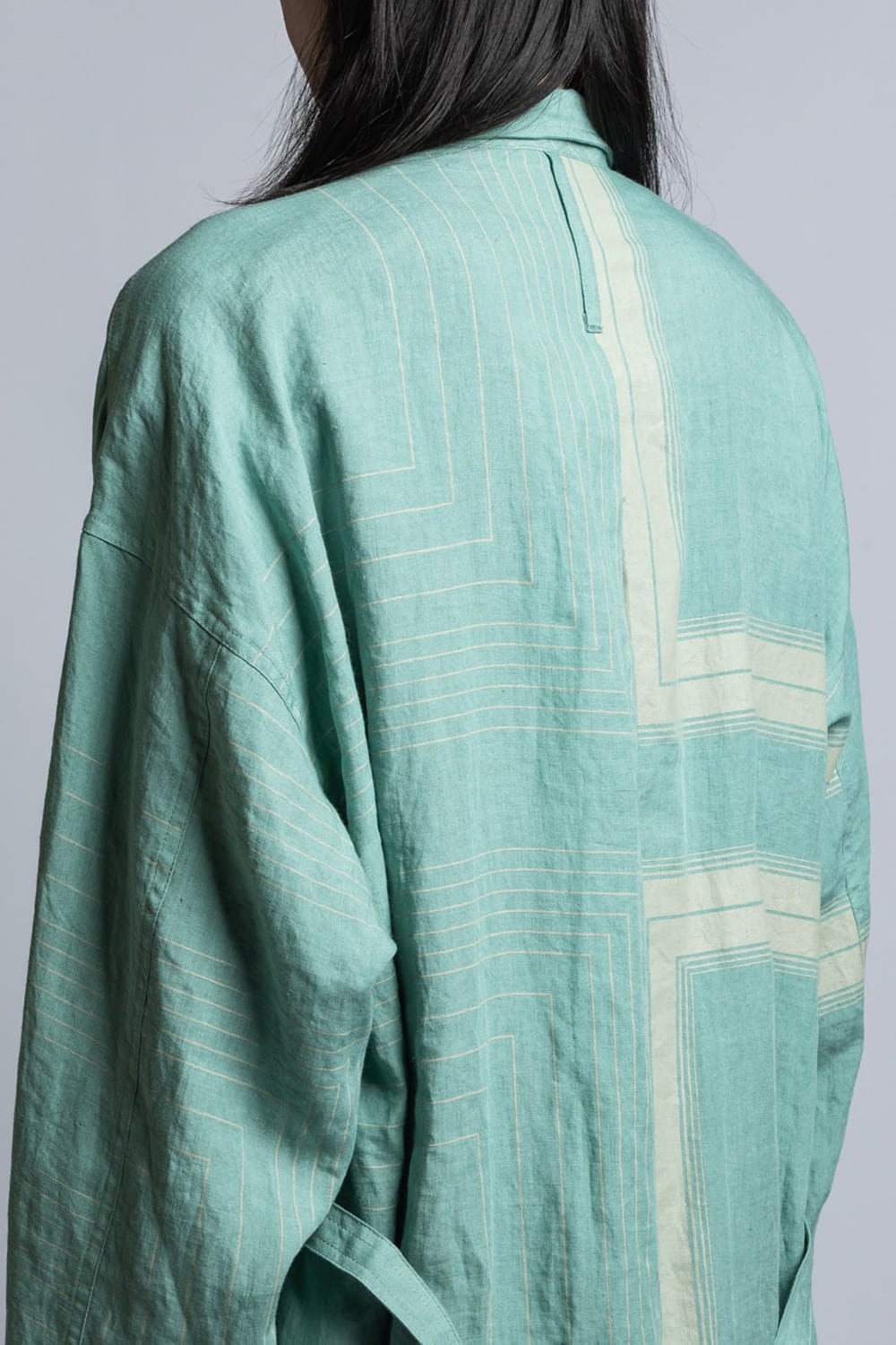 Square Print Linen Coat Mint Green Stripe