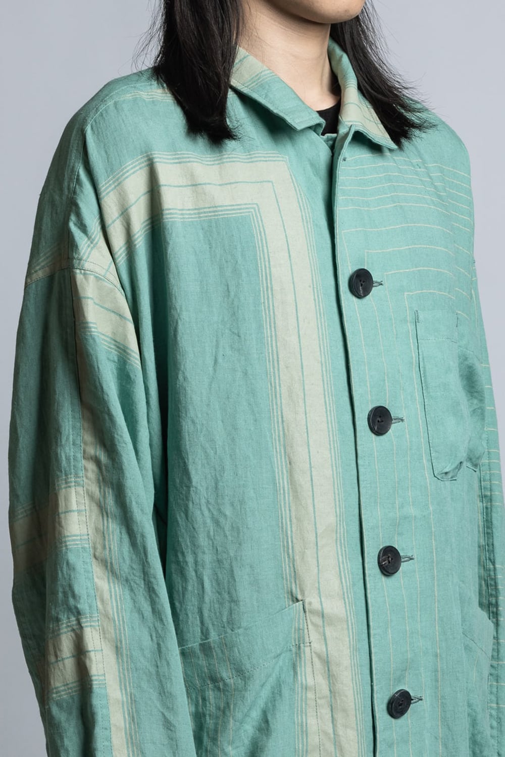 Square Print Linen Coat Mint Green Stripe