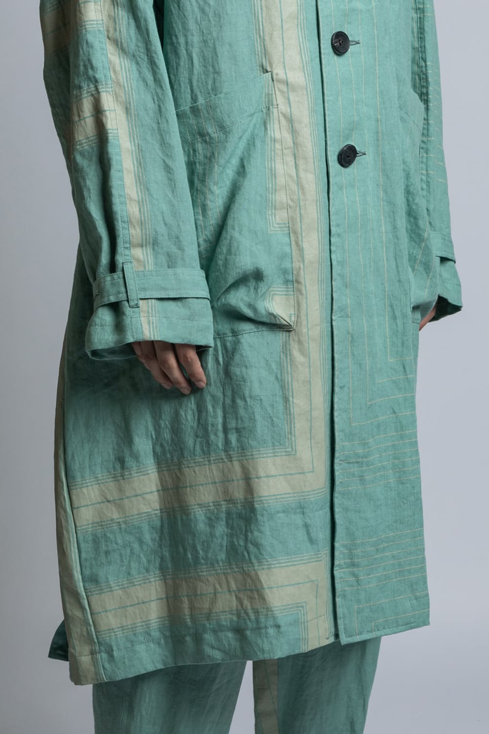 Square Print Linen Coat Mint Green Stripe