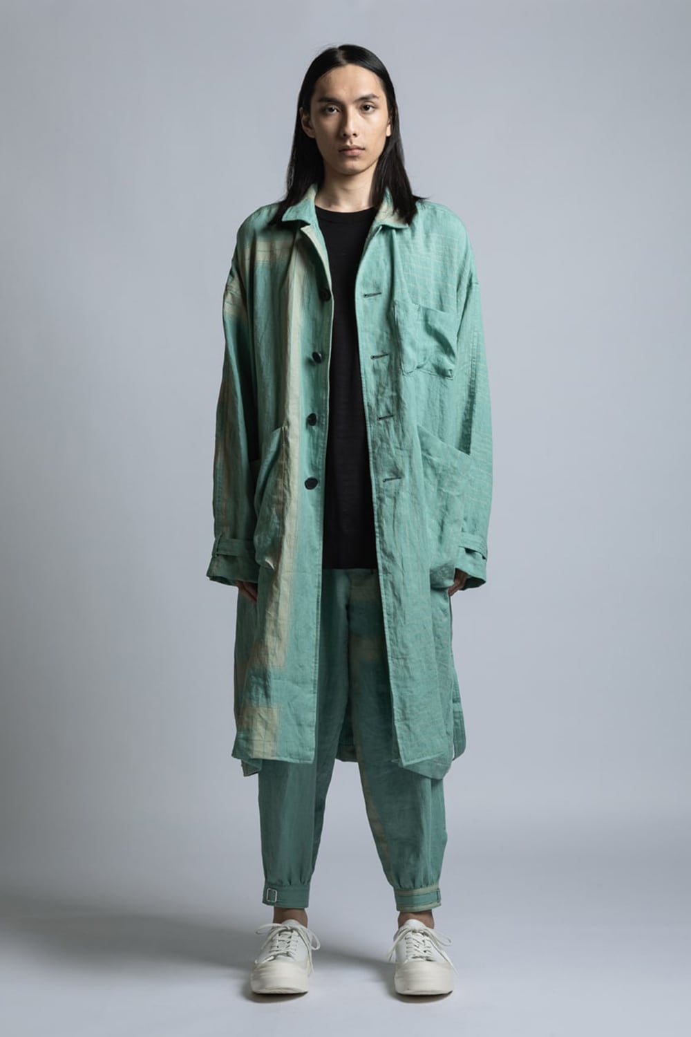 Square Print Linen Coat Mint Green Stripe