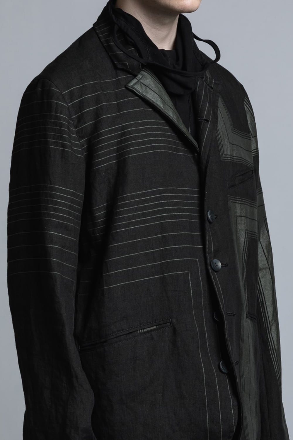 Square Print Linen Jacket Black Stripe