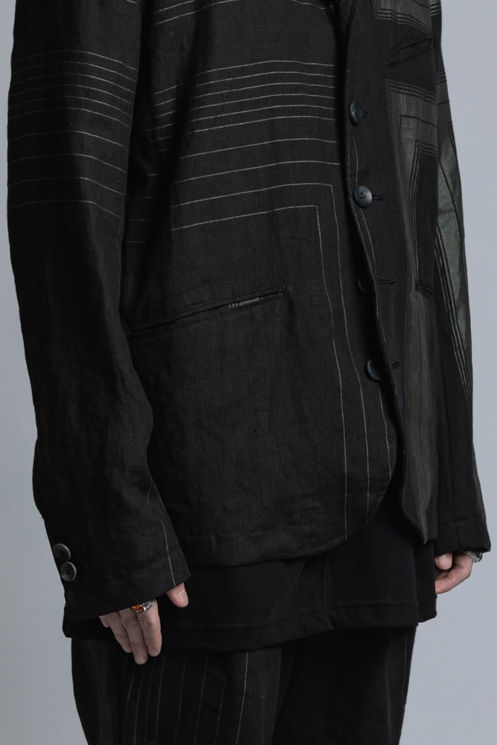 Square Print Linen Jacket Black Stripe