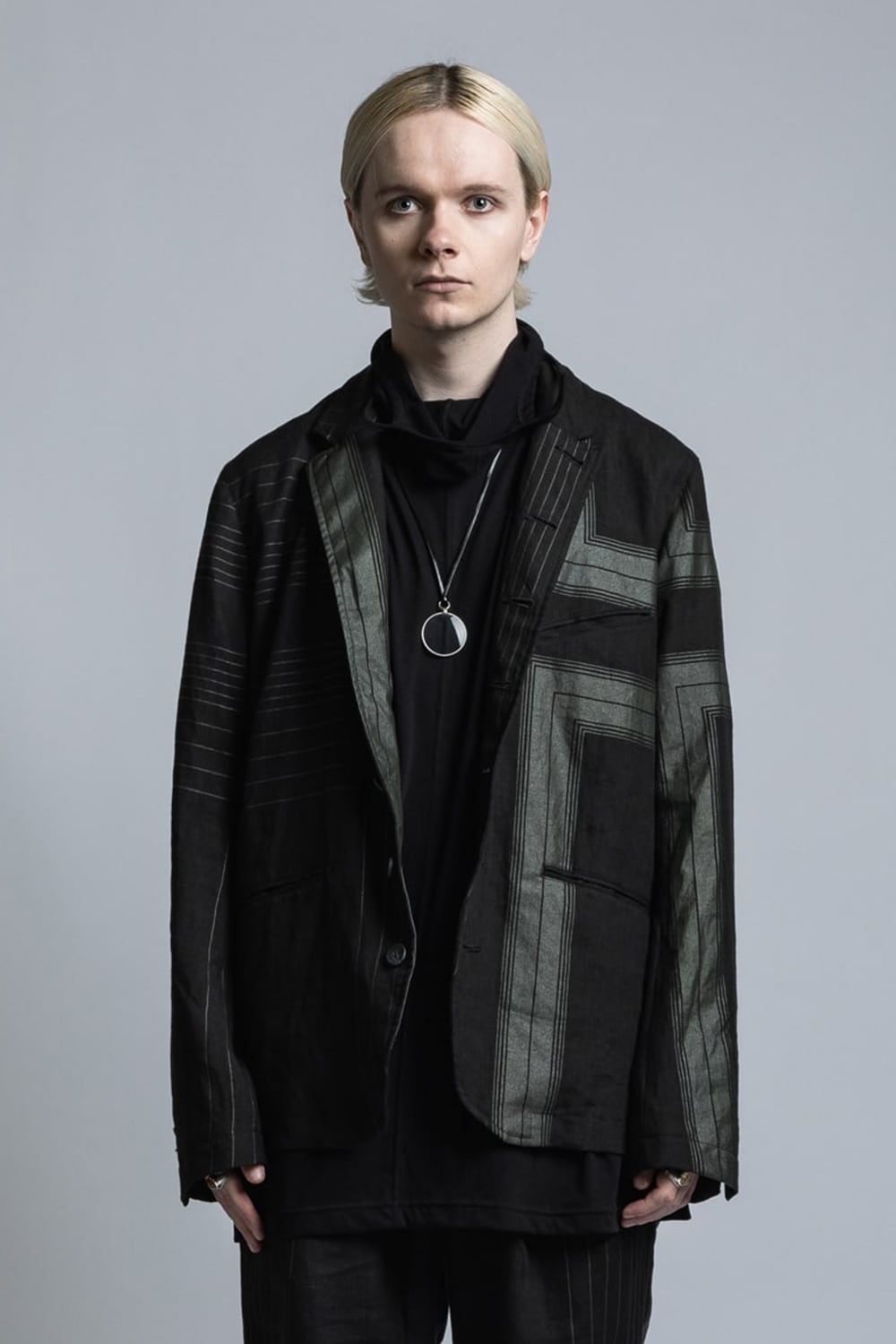 Square Print Linen Jacket Black Stripe