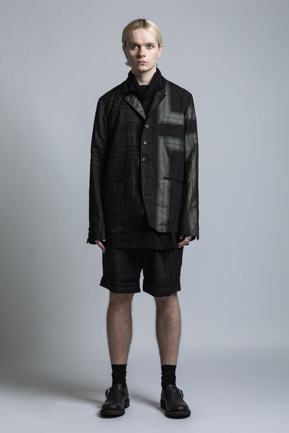 Square Print Linen Jacket Black Stripe