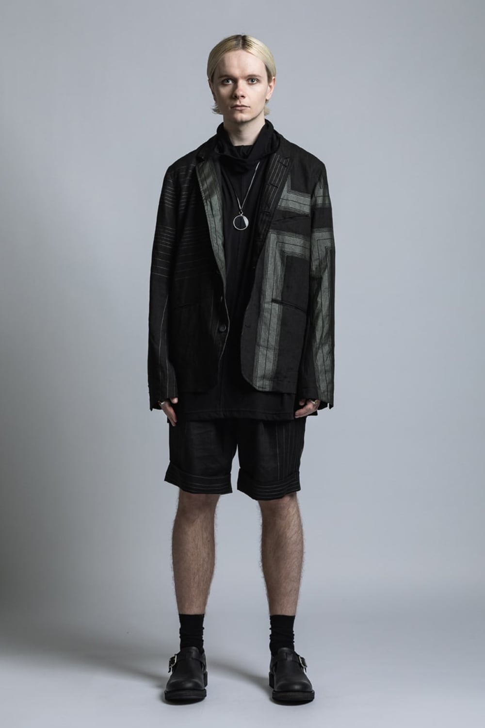 Square Print Linen Jacket Black Stripe