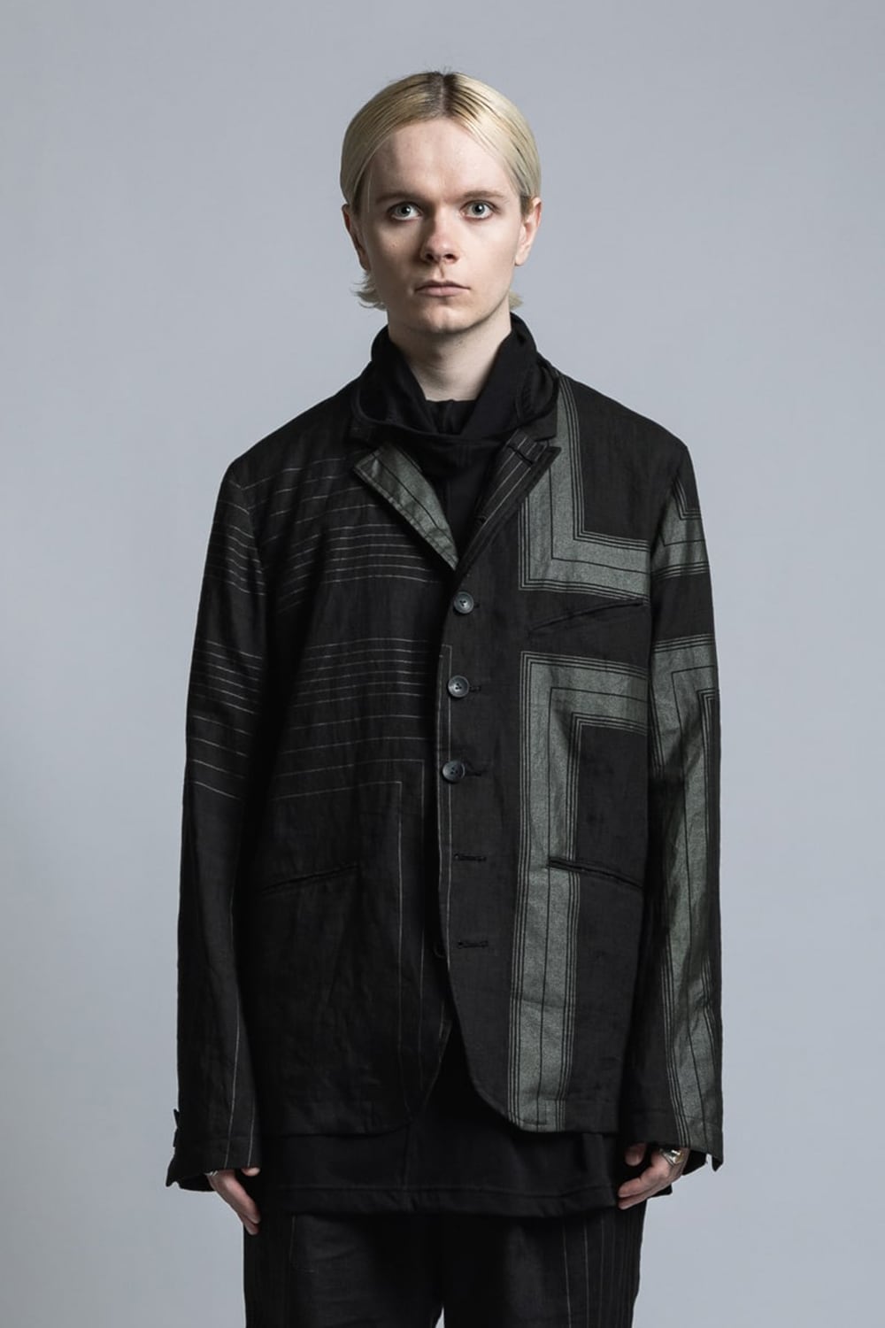 Square Print Linen Jacket Black Stripe