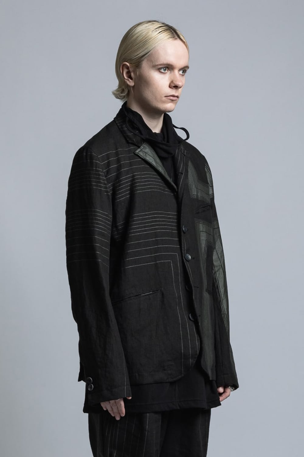 Square Print Linen Jacket Black Stripe