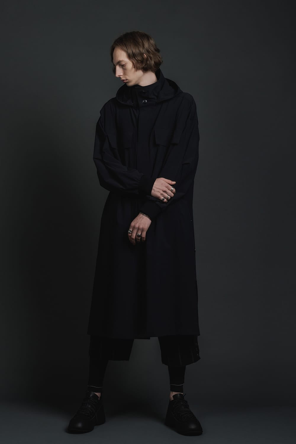 Water-Repellent Stretch Hooded Coat  Black