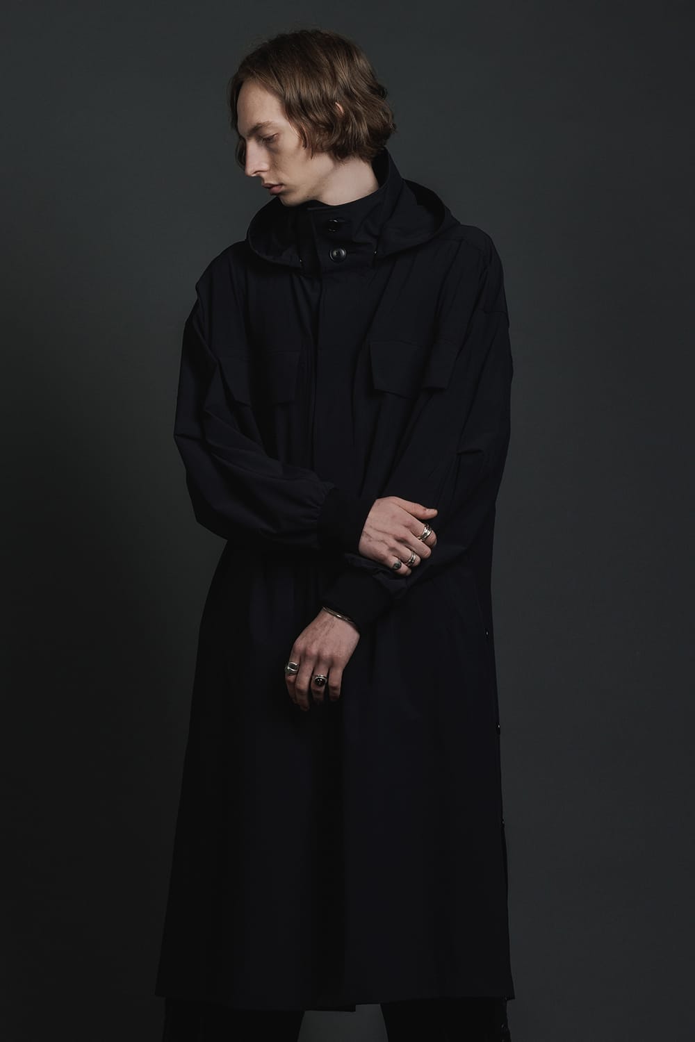 Water-Repellent Stretch Hooded Coat  Black