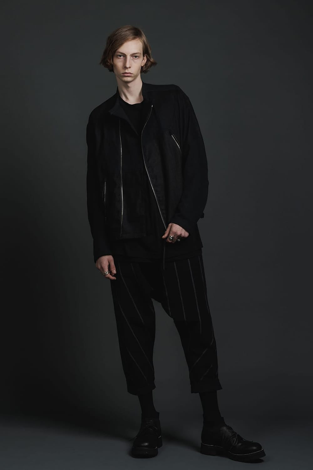 リネン/コットン ドロップクロッチ トラウザー ブラックストライプ