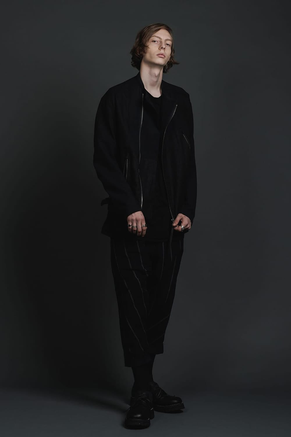 リネン/コットン ドロップクロッチ トラウザー ブラックストライプ