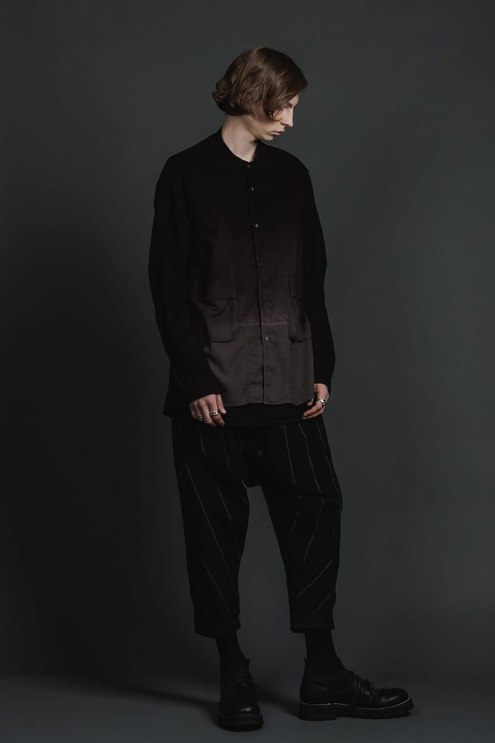 リネン/コットン ドロップクロッチ トラウザー ブラックストライプ