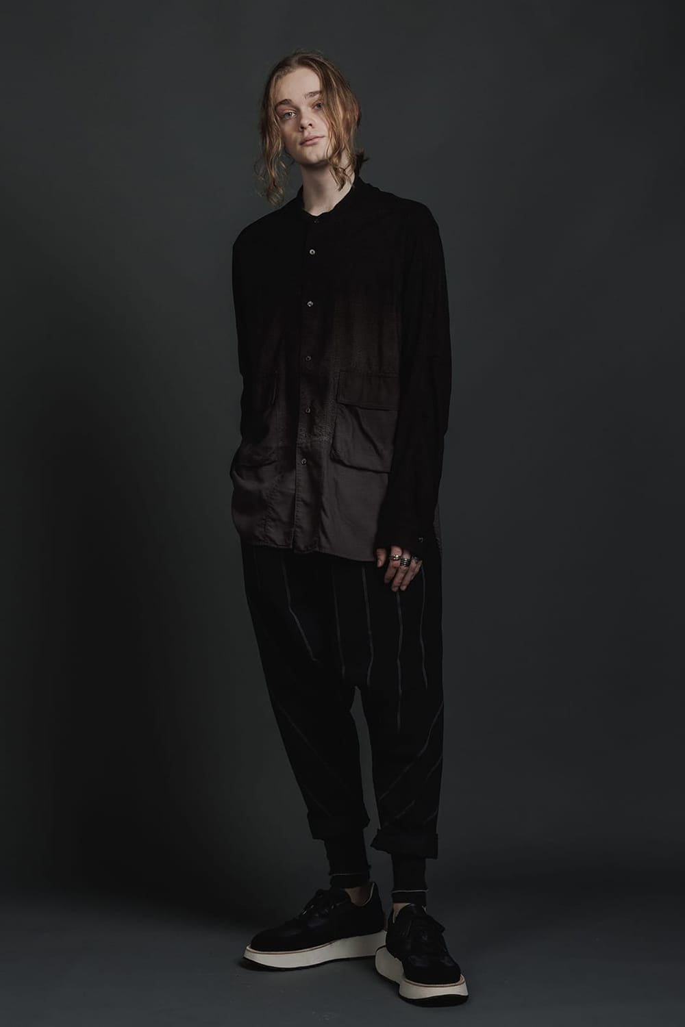 リネン/コットン ドロップクロッチ トラウザー ブラックストライプ