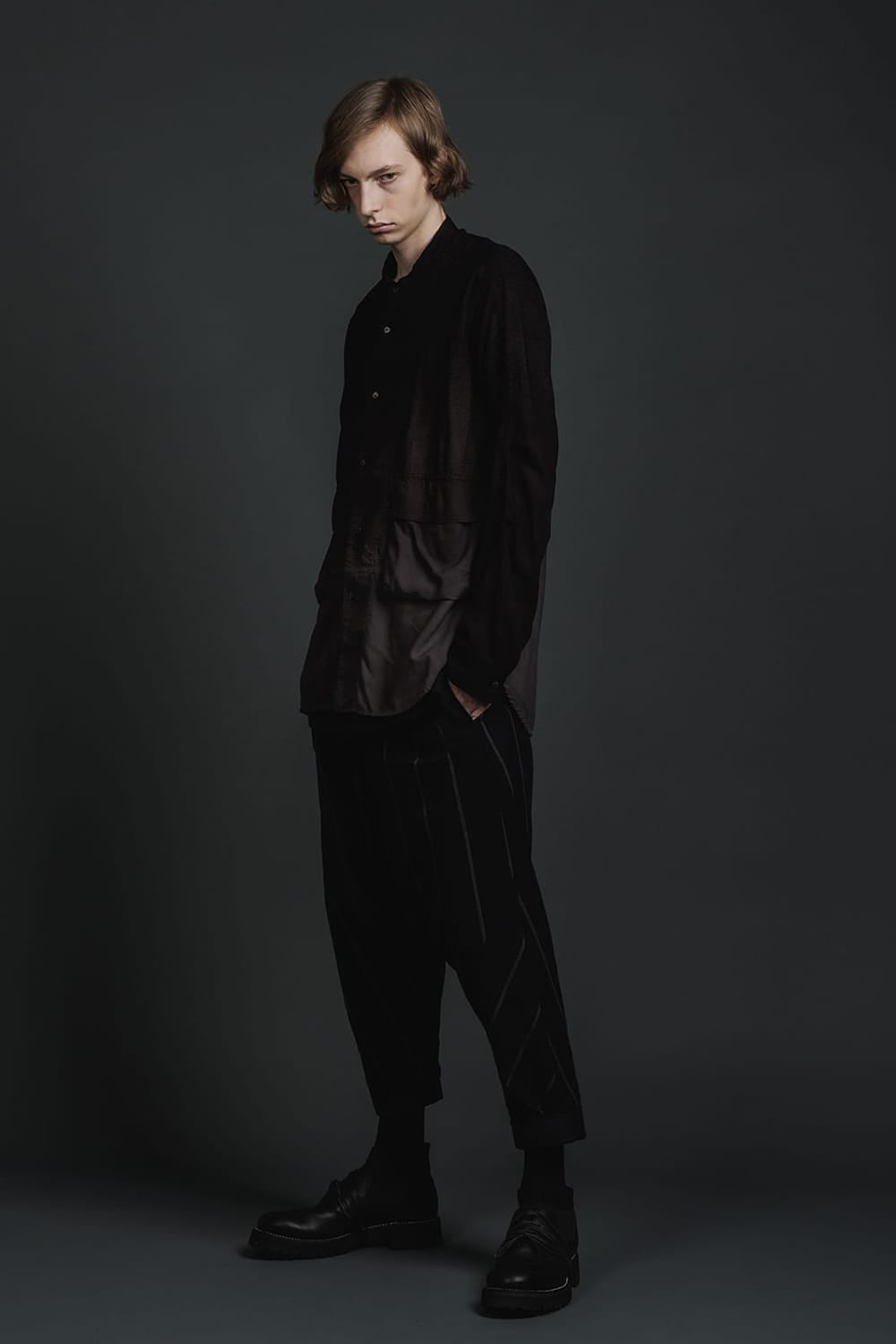 リネン/コットン ドロップクロッチ トラウザー ブラックストライプ