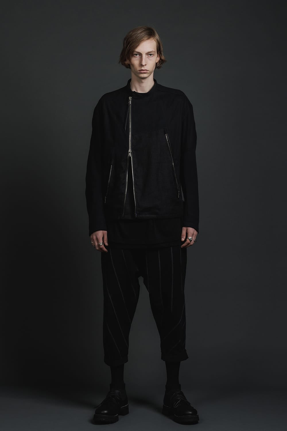 リネン/コットン ドロップクロッチ トラウザー ブラックストライプ