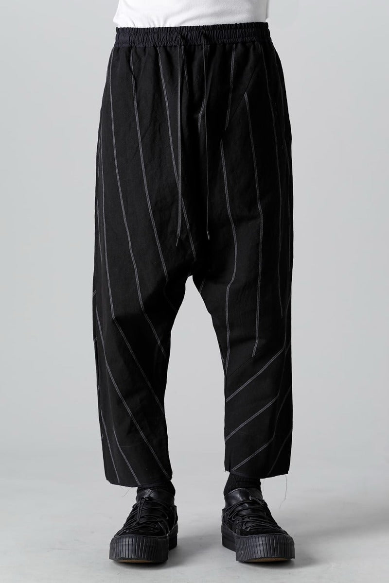 リネン/コットン ドロップクロッチ トラウザー ブラックストライプ