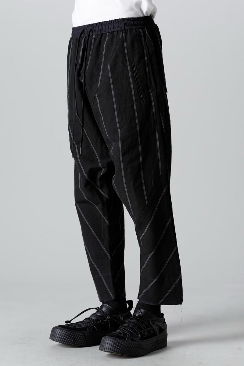 リネン/コットン ドロップクロッチ トラウザー ブラックストライプ
