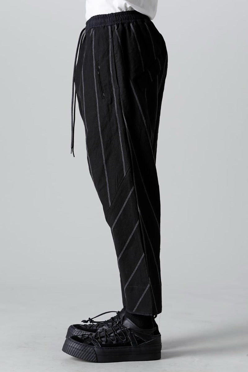 リネン/コットン ドロップクロッチ トラウザー ブラックストライプ