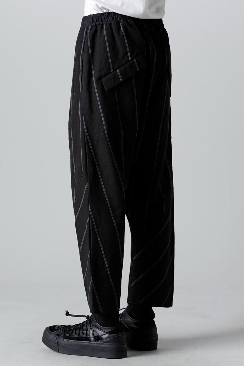 リネン/コットン ドロップクロッチ トラウザー ブラックストライプ