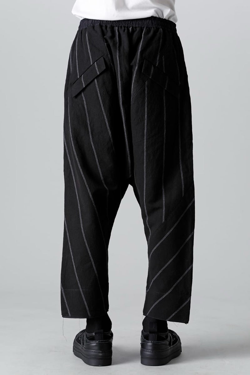 リネン/コットン ドロップクロッチ トラウザー ブラックストライプ