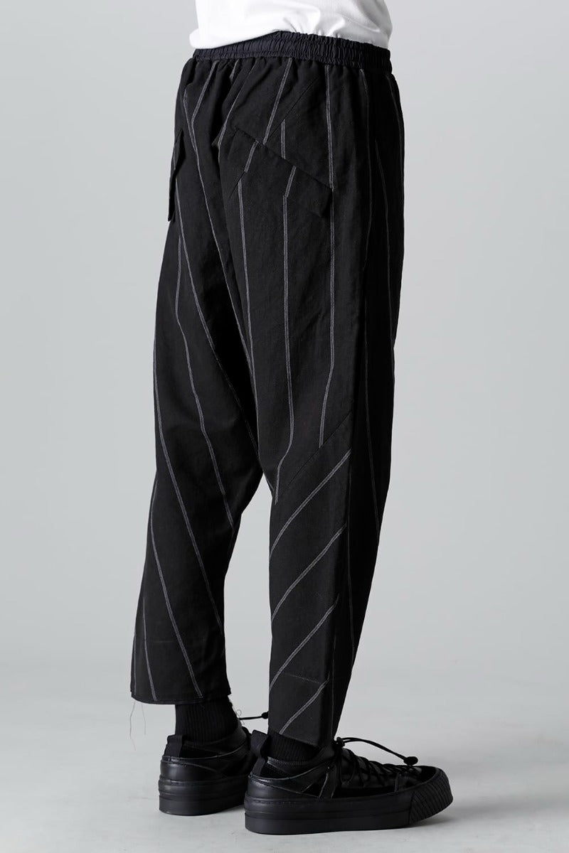 リネン/コットン ドロップクロッチ トラウザー ブラックストライプ