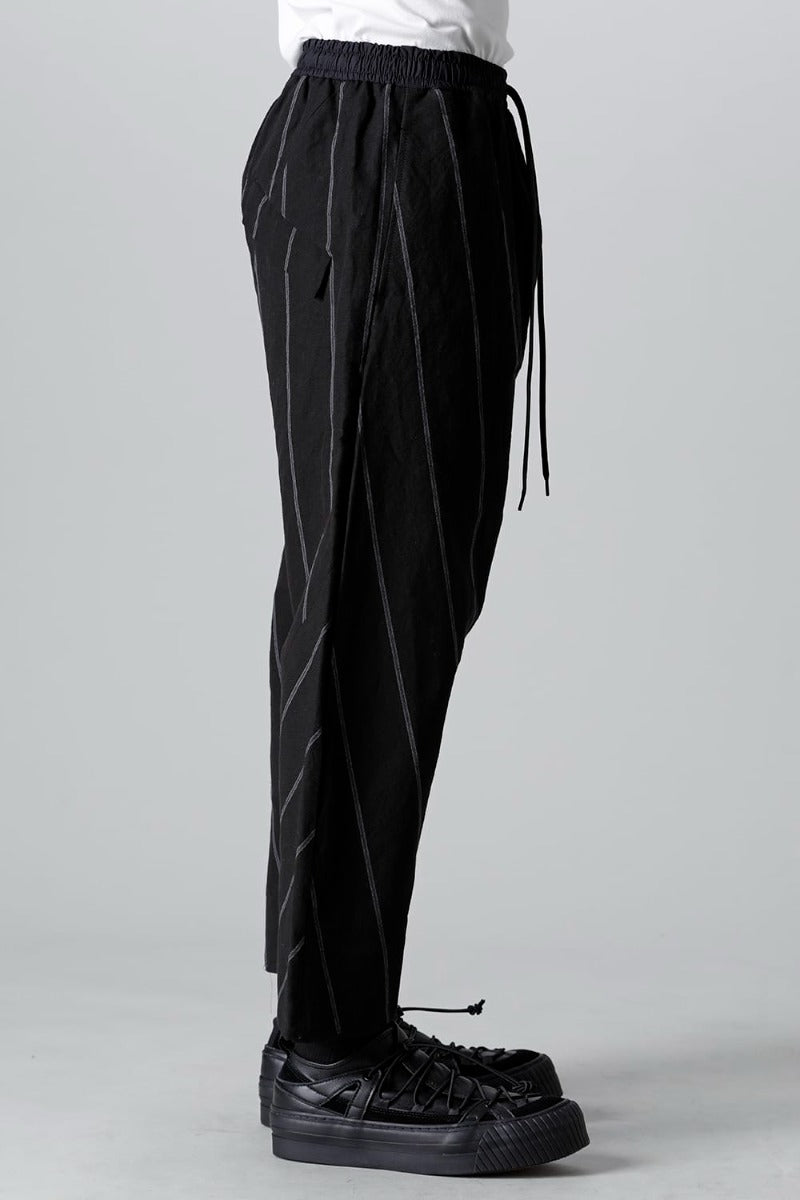 リネン/コットン ドロップクロッチ トラウザー ブラックストライプ
