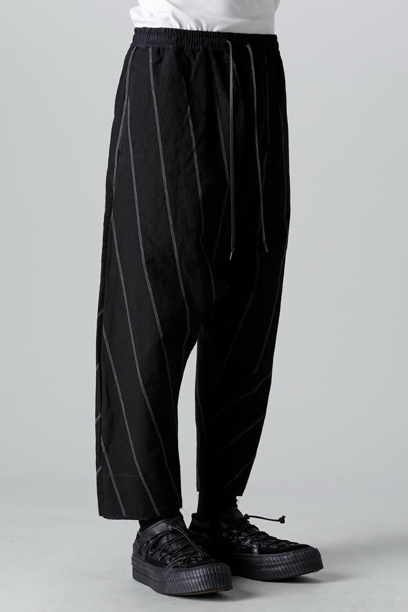 リネン/コットン ドロップクロッチ トラウザー ブラックストライプ