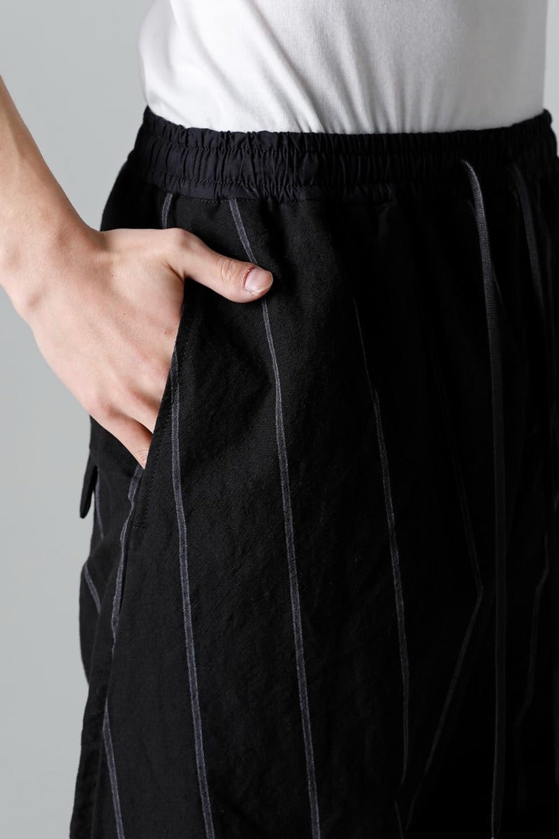 リネン/コットン ドロップクロッチ トラウザー ブラックストライプ