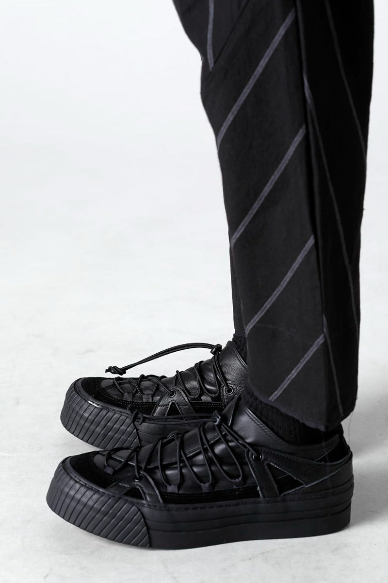 リネン/コットン ドロップクロッチ トラウザー ブラックストライプ