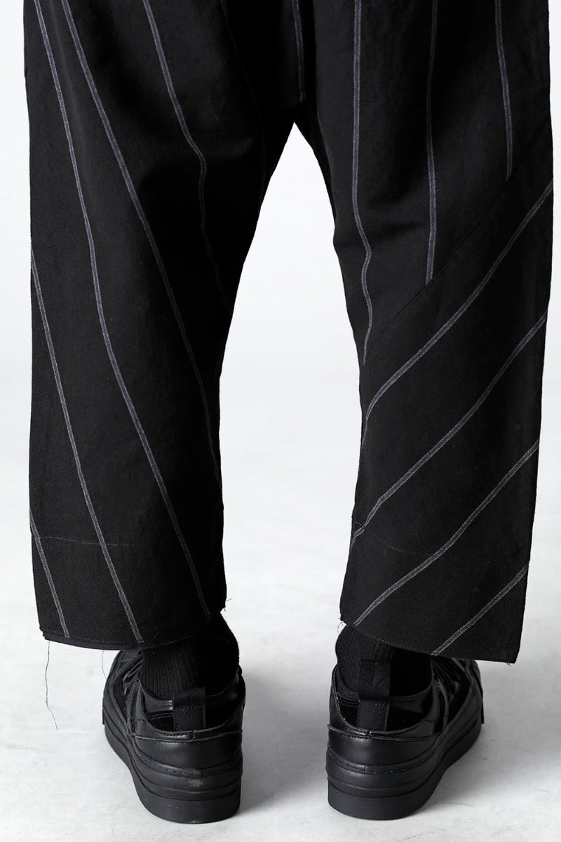 リネン/コットン ドロップクロッチ トラウザー ブラックストライプ
