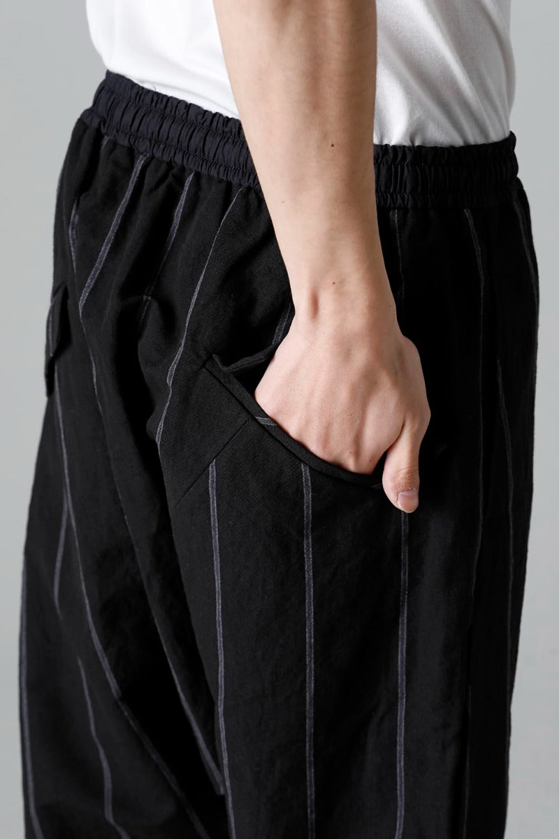 リネン/コットン ドロップクロッチ トラウザー ブラックストライプ