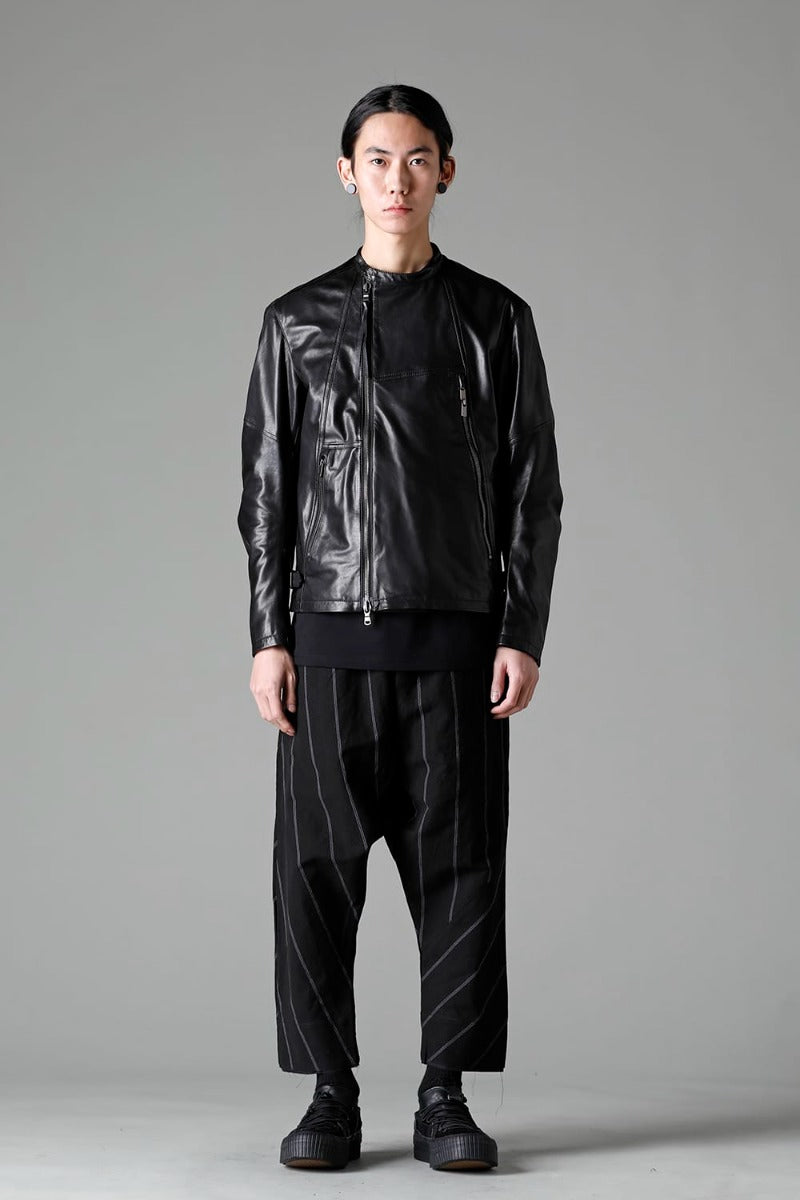 リネン/コットン ドロップクロッチ トラウザー ブラックストライプ