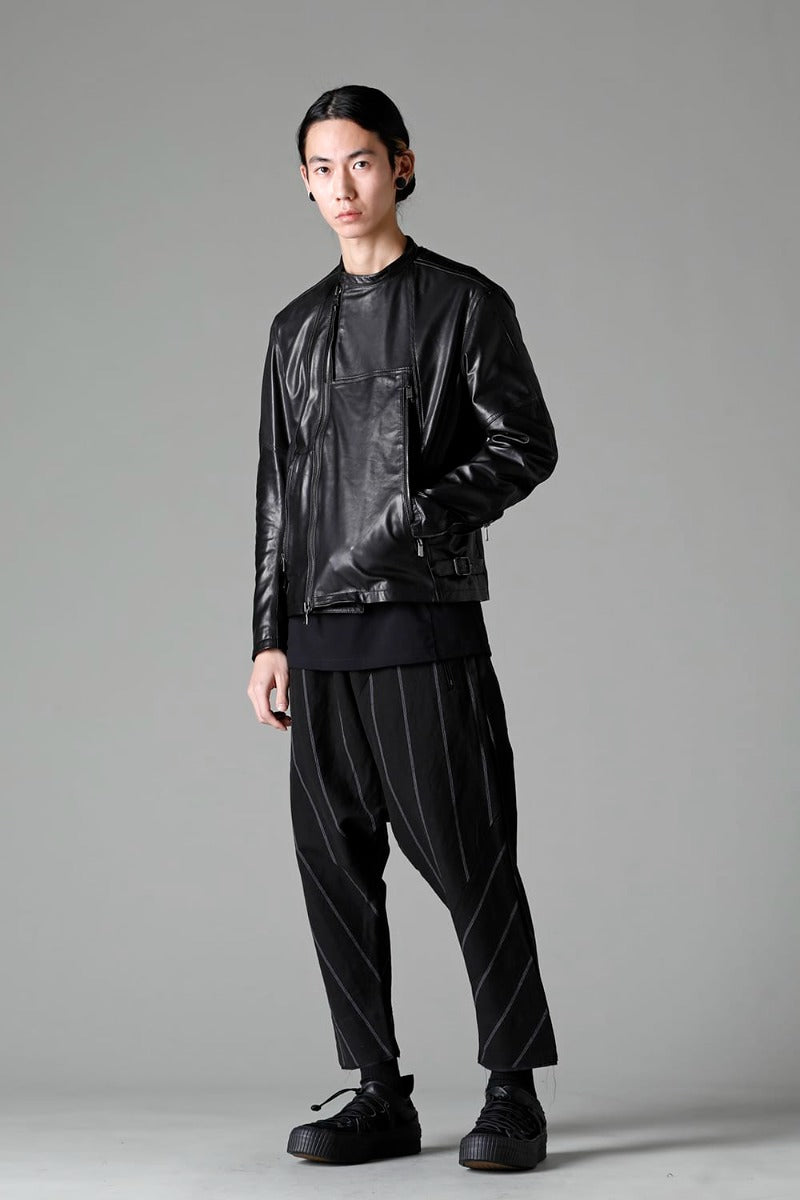 リネン/コットン ドロップクロッチ トラウザー ブラックストライプ