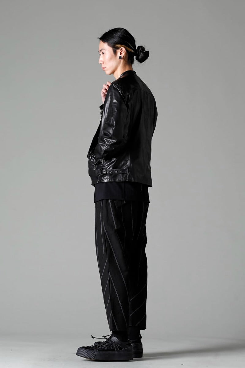 リネン/コットン ドロップクロッチ トラウザー ブラックストライプ