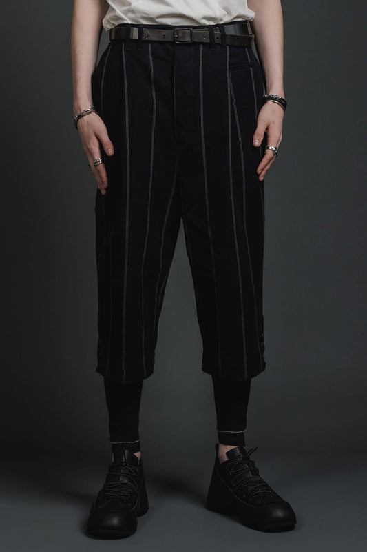 リネン/コットン ワイド クロップド トラウザー ブラックストライプ