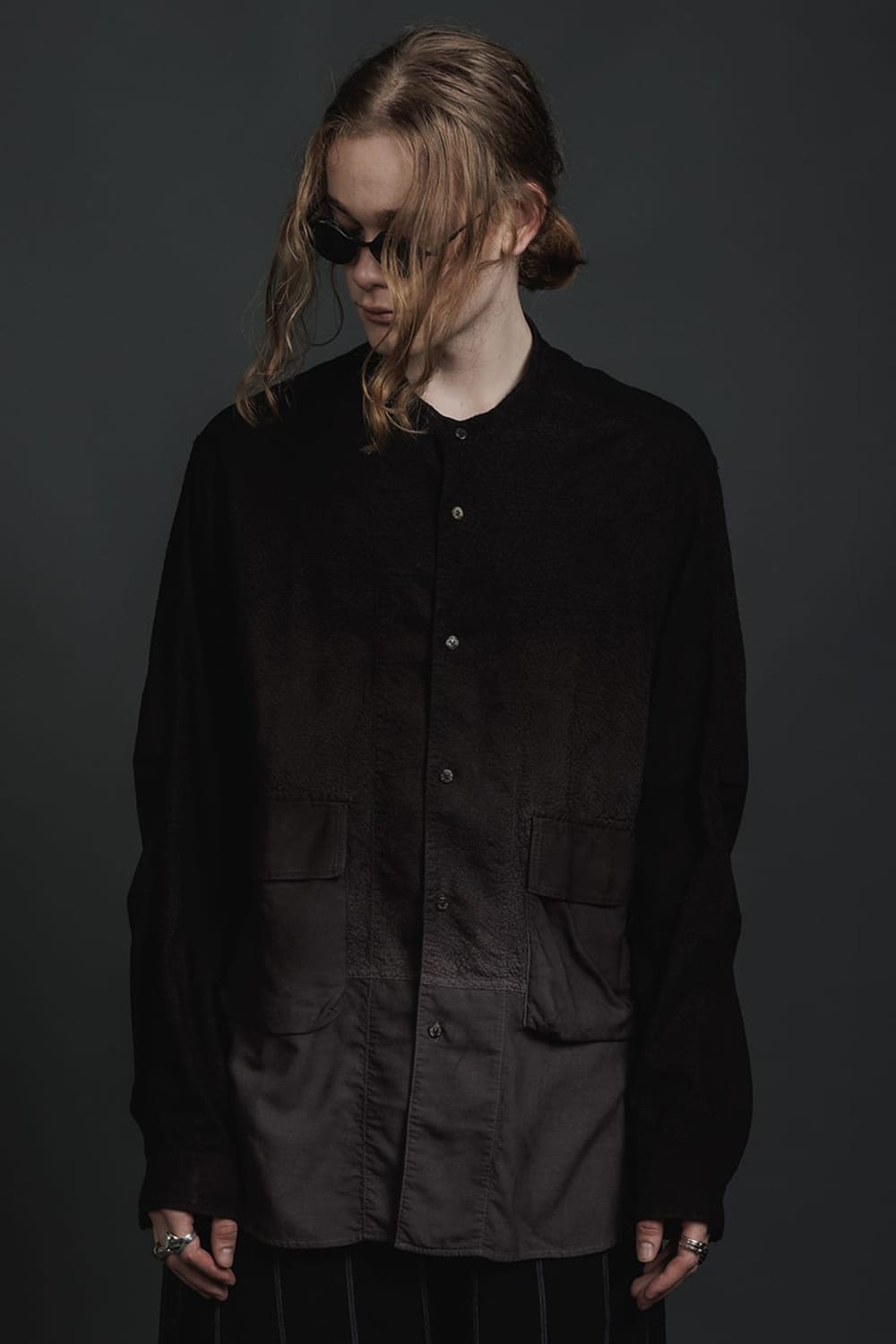 Embroidered Cloth Gradation Dye Band Collar Shirt