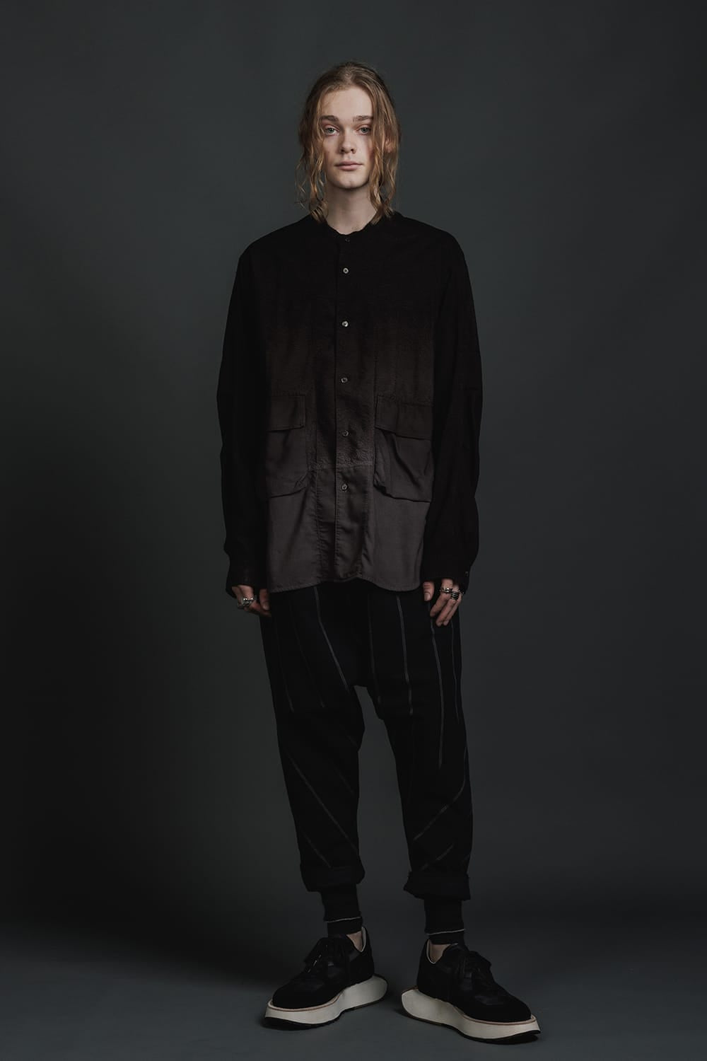 Embroidered Cloth Gradation Dye Band Collar Shirt