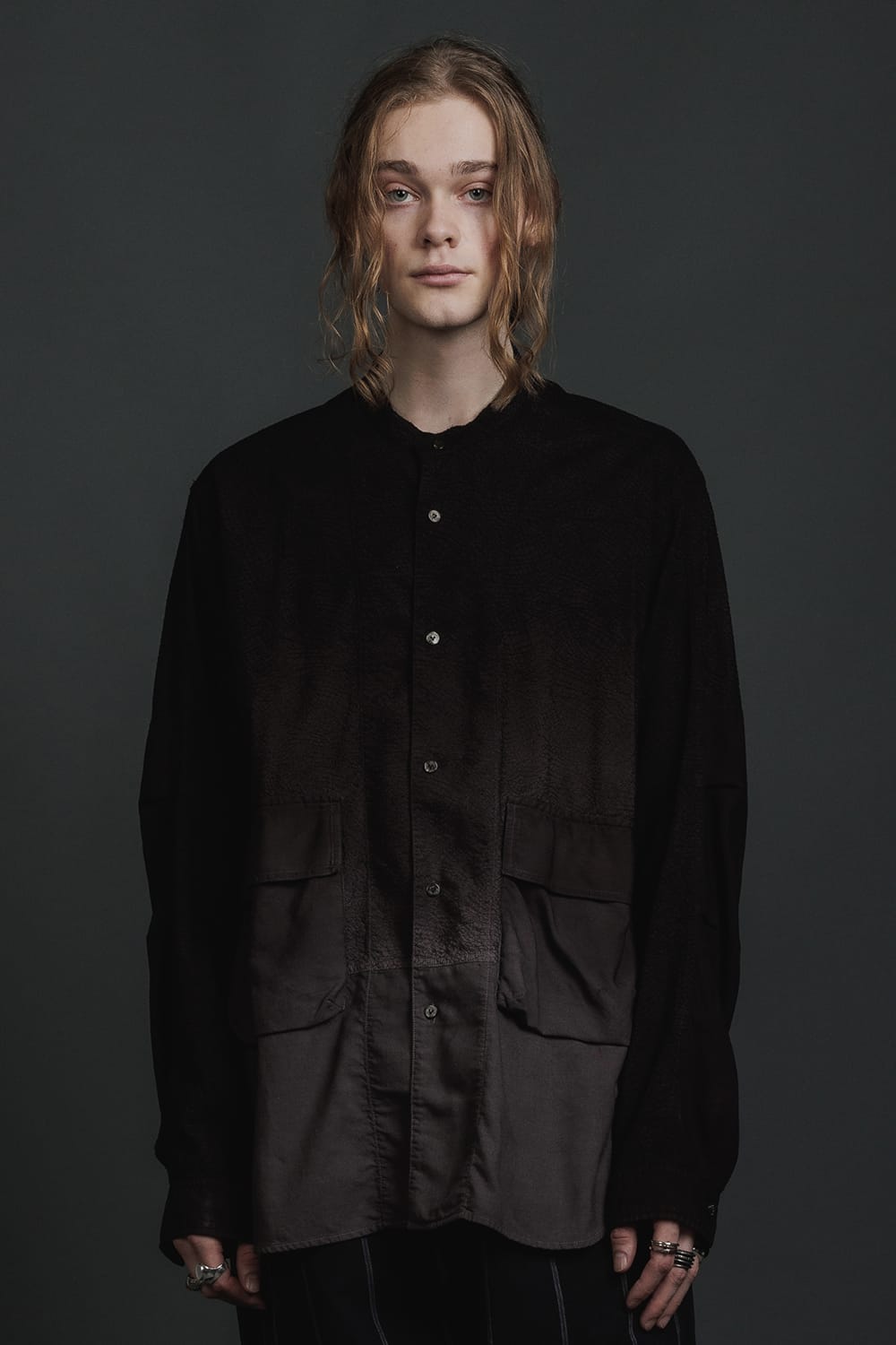 Embroidered Cloth Gradation Dye Band Collar Shirt