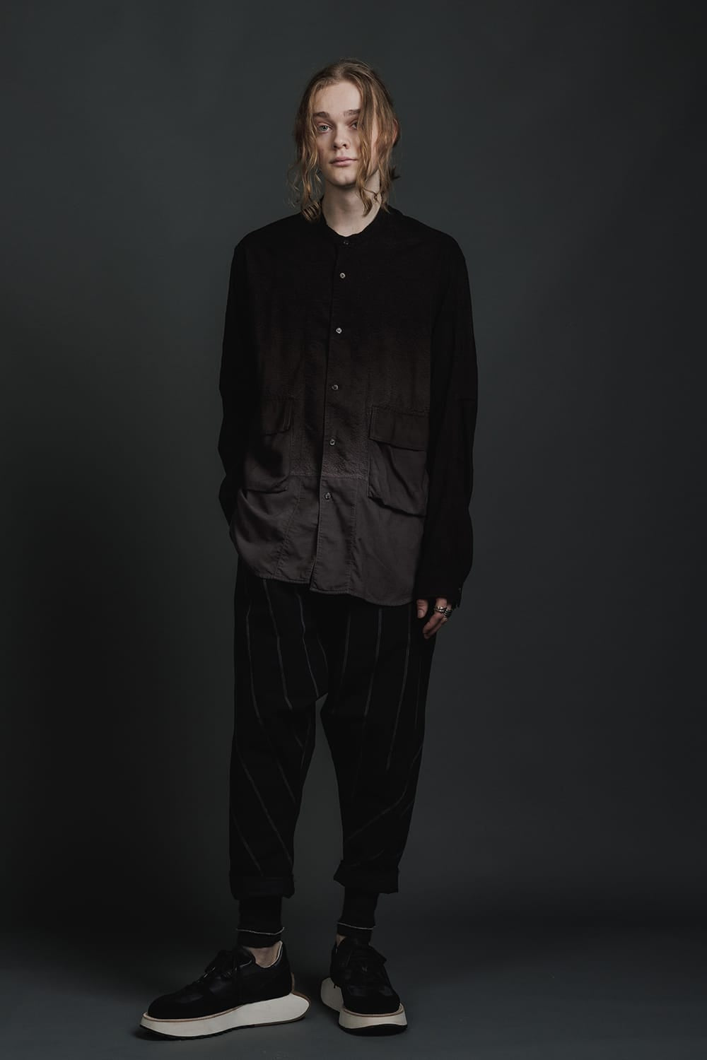 Embroidered Cloth Gradation Dye Band Collar Shirt