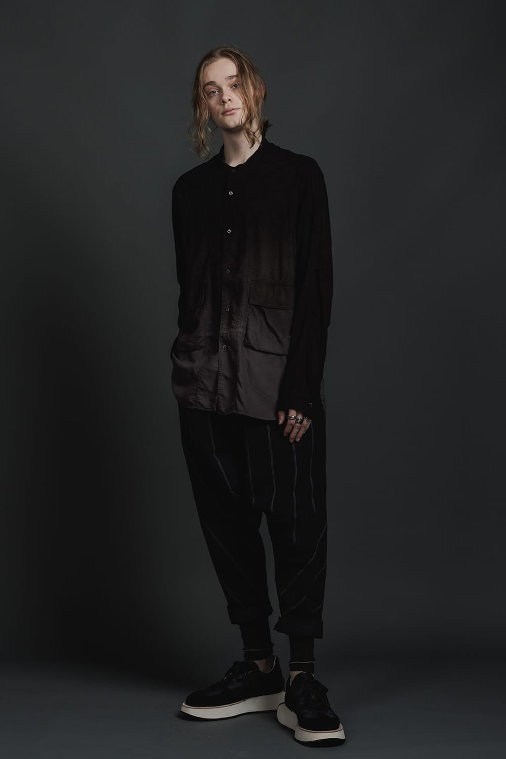 Embroidered Cloth Gradation Dye Band Collar Shirt