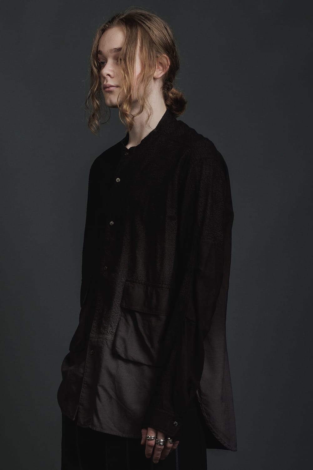 Embroidered Cloth Gradation Dye Band Collar Shirt