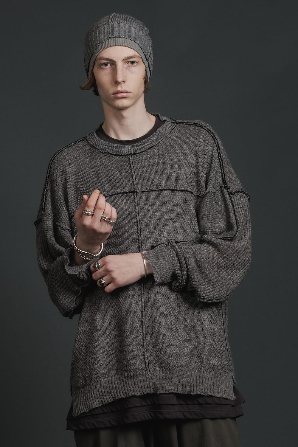 Hard Twisted Ramie Yarn  Sweater  Gray Brown