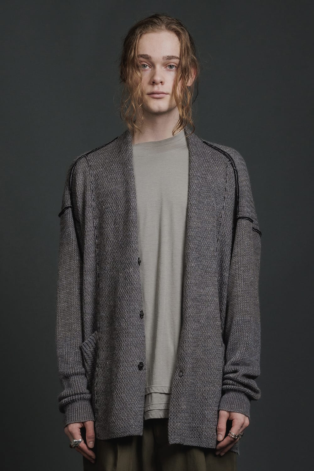 Hard Twisted Ramie Yarn Cardigan  Gray Brown