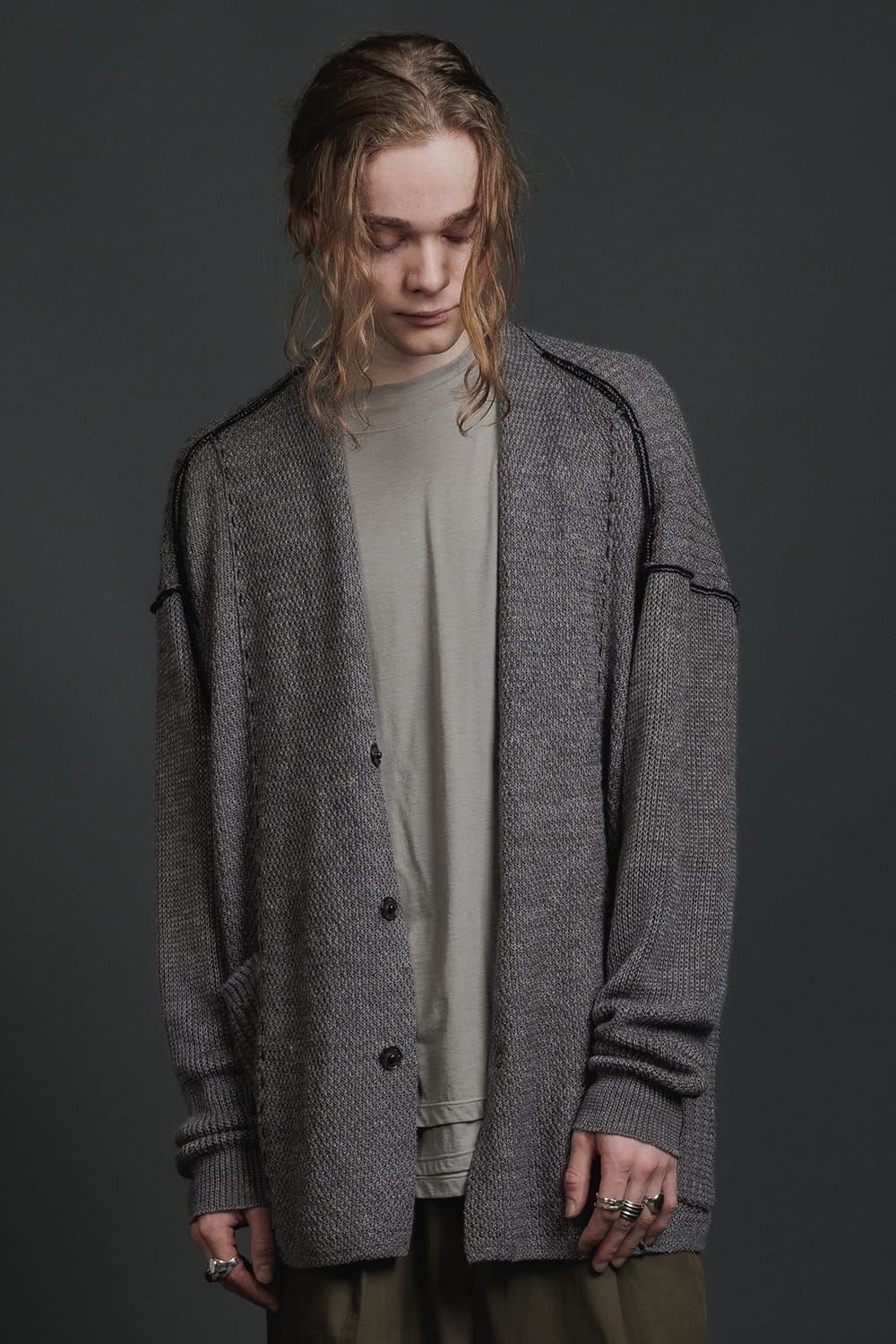 Hard Twisted Ramie Yarn Cardigan  Gray Brown